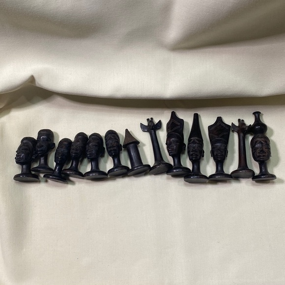 Various Antique Hand-carved African Makonde Chess Pieces (13 pieces total) - Picture 1 of 14